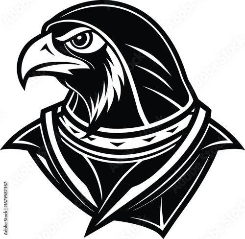 Vector art of stylized falcon head in profile, wearing a hood or cowl, with intricate patterns on the neck, conveying mystery and nobility, ideal for emblems