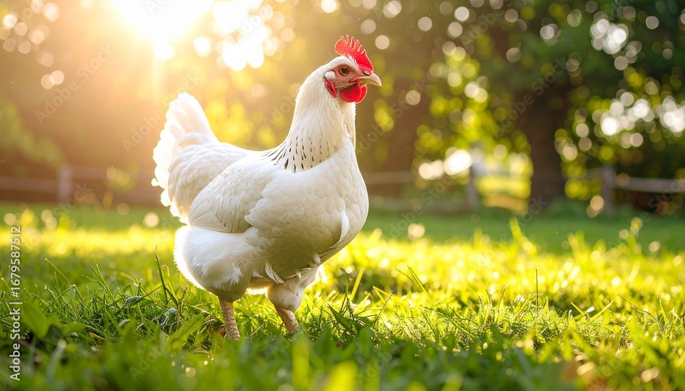 Fototapeta premium White Chicken in Sunlit Farm Field with Green Foliage and Wooden Fence