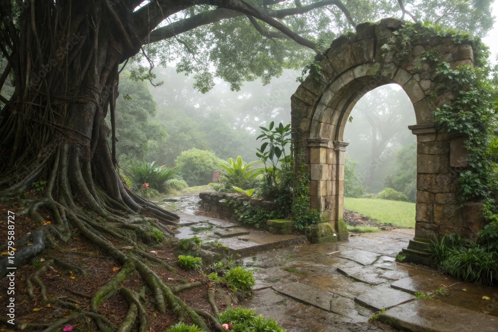 Obraz premium Misty Garden Entrance With Ancient Arch and Lush Greenery at Dawn