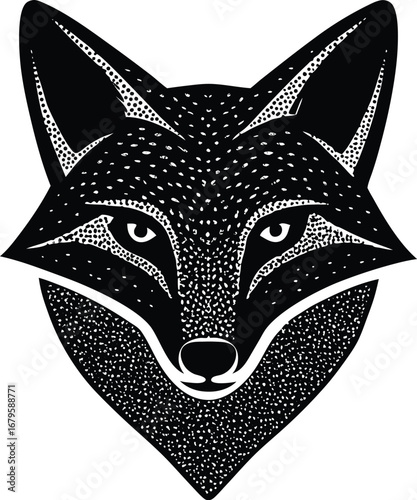Vector art of detailed black and white illustration of a fox face with stippling texture