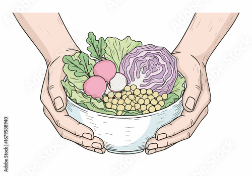 Caring hands holding a bowl of fresh, vibrant salad with lettuce, cabbage, radishes. Healthy eating, nutritious food, World Food Day concept.