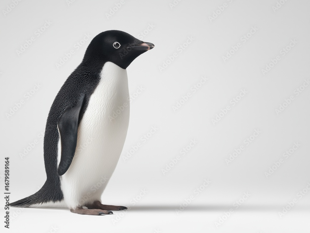 Fototapeta premium Adelie penguin standing gracefully on a smooth white surface, showcasing its distinctive black and white plumage, with a soft gradient background enhancing its elegant posture