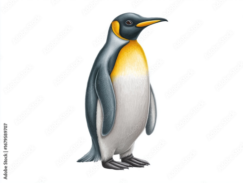 Fototapeta premium Illustration of a standing penguin with distinctive black and white feathers, showcasing vibrant orange accents on its beak and neck, representing wildlife and nature conservation themes