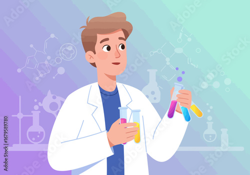 Scientist Holding Test Tubes in Laboratory Illustration.