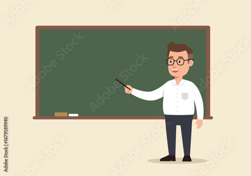 Teacher Explaining Lesson on Chalkboard in Classroom Setting.