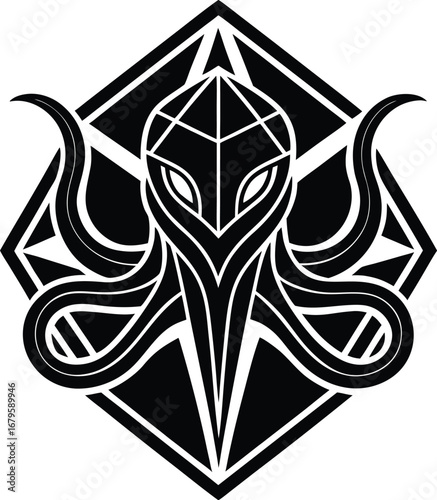 Vector art of geometric octopus head logo, stylized low poly art, black and white
