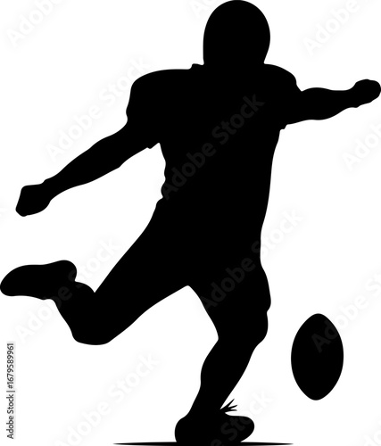 American football player silhouette kicking the ball in a dynamic action shot for sports concept