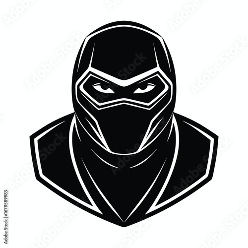 Mysterious masked warrior with intense eyes wearing a futuristic black helmet and armor on a white background