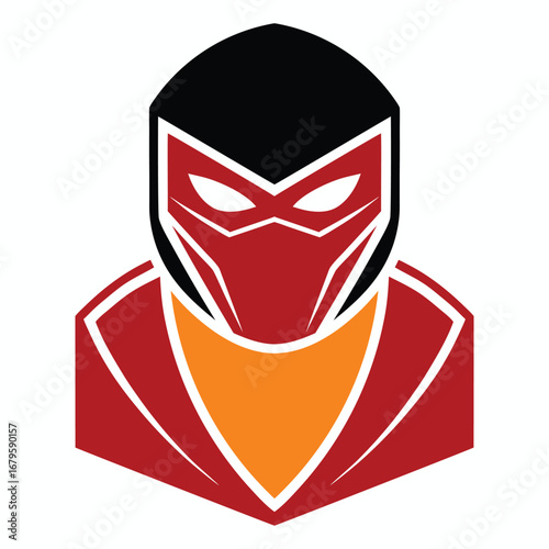 Stylized illustration of a fierce red and black masked warrior with glowing white eyes and orange chest armor