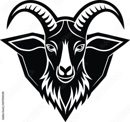 Vector art of a powerful black and white depiction of a goats head with detailed horns and a beard, framed by a sharp, angular shield shape, symbolizing strength and resilience