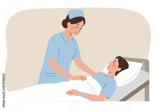 Nurse Attending to Patient in Hospital Bed.
