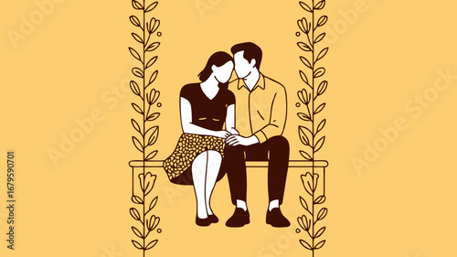 An intimate indian wedding couple shares a gentle moment, seated on a beautiful floral swing. This vector illustration captures their romantic connection and deep love