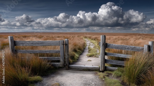 Rustic wooden gate and stile in countryside landscape