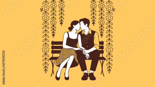 Romantic couple sitting on a bench with hanuman vector design, love, affection, and togetherness concept against yellow background