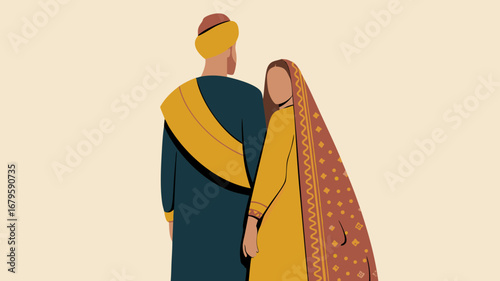 Graceful Indian wedding couple vector art, an elegant illustration celebrating love, tradition, and cultural heritage. Perfect for romantic and festive designs