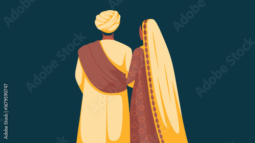 Elegant and vibrant vector illustration of a traditional Indian wedding couple, seen from behind, celebrating their beautiful bond and cultural heritage