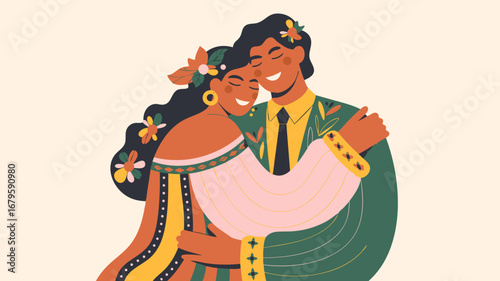 Joyful Indian wedding couple embracing in traditional attire, a beautiful vector illustration capturing love and cultural celebration
