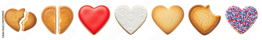 Obraz premium Heart cookies set including broken, halved, plain, red iced, white lace, bitten, and sprinkle decorated stages isolated. Love, celebration, and emotion concept.
