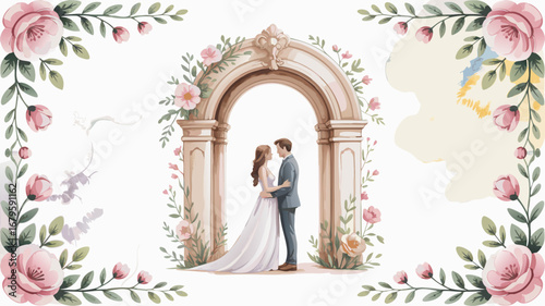 An elegant vector illustration of a happy Indian wedding couple in traditional attire, celebrating their special day, symbolizing love, culture, and union
