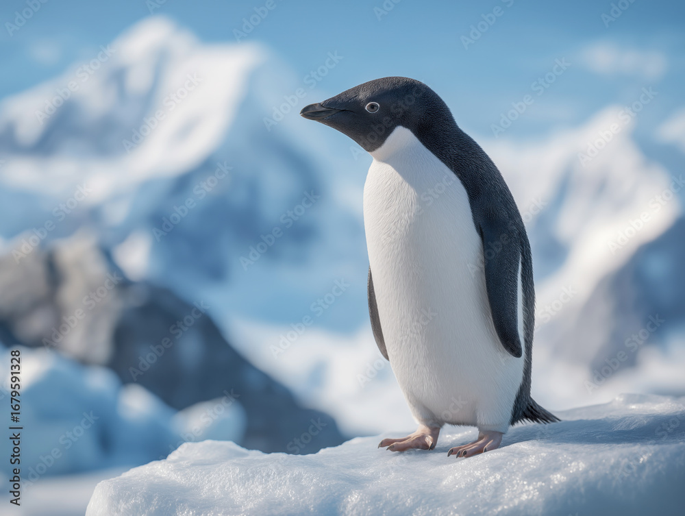 Obraz premium Adelie penguin standing on an ice floe with a stunning backdrop of snow-capped mountains and a clear blue sky, showcasing the beauty of wildlife in a polar environment