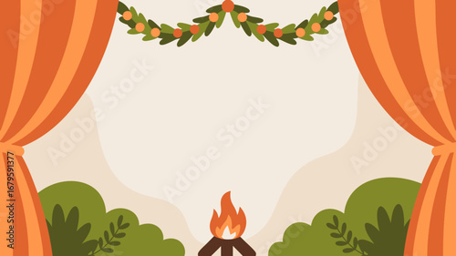 Beautiful vector graphic depicting a whimsical outdoor stage setting, envisioning an intimate Indian wedding where a loving couple will celebrate their special day amidst nature's