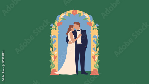 Vibrant Indian wedding vector illustration, featuring an ornate archway symbolizing a grand entrance for a loving couple. Perfect for invitations