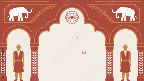 Vibrant vector illustration showcasing a joyful Indian wedding couple in their traditional attire, beautifully framed within intricate archways, ideal for cultural celebrations