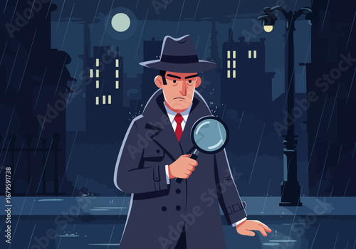 Detective Investigating Crime Scene in Rainy City Night.