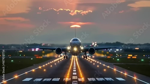 Airplane Taking Off at Sunset with Airport Runway.