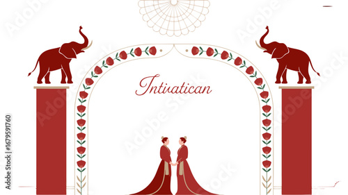 Stunning indian wedding couple vector art featuring a traditionally dressed pair in an ornate arch, perfect for cultural designs and romantic celebrations