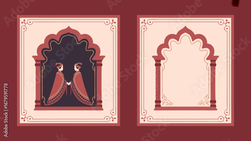 Beautiful vector illustration capturing a charming Indian wedding couple under a decorative arch, perfect for invitations and cultural celebrations, depicting love and unity