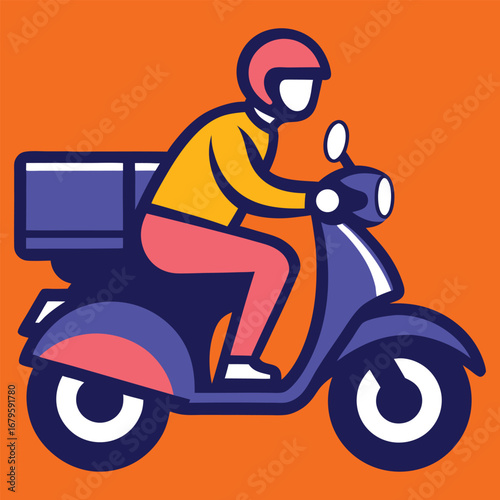 Cartoon illustration of a delivery person riding a scooter with a large cargo box on the back