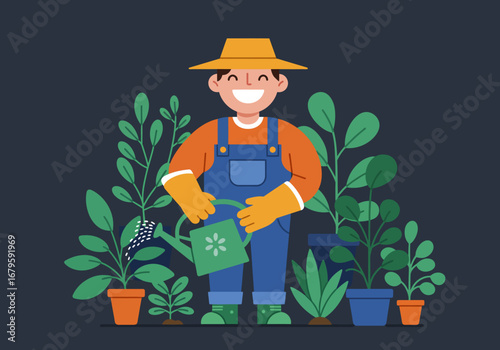 Happy Gardener Watering Plants Illustration.