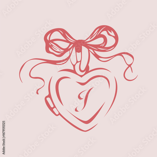 Whimsical heart locket wedding illustration. Vintage line art heart locket. Heart shaped locket with ribbons. Black and white drawing of a heart shaped locket pendant with decorative ribbon