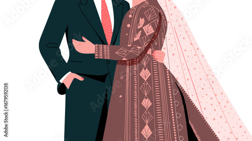 A beautiful vector illustration depicting a joyous Indian wedding couple, embracing tenderly, showcasing cultural celebration and the essence of their special day