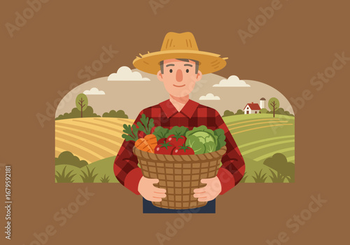 Farmer Holding Basket of Fresh Vegetables in Field.