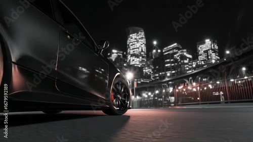 Night Cityscape: Sleek Black Car at Night