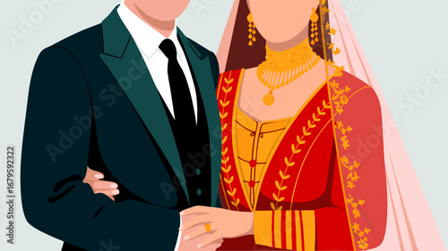 Vibrant Indian wedding couple vector illustration, capturing traditional attire and the joyous union. A beautifully crafted graphic symbolizing love and cultural celebration