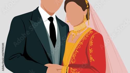 A beautiful vector illustration of a traditional Indian wedding couple, celebrating their union with cultural grace. This graphic art perfectly captures their special matrimonial day