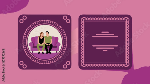 Beautiful vector illustration depicting a traditional Indian wedding couple seated on a sofa within an elegant frame, perfect for invitations or celebratory designs