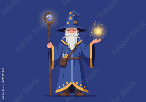 Cartoon Wizard with Staff and Magic Orb Illustration.