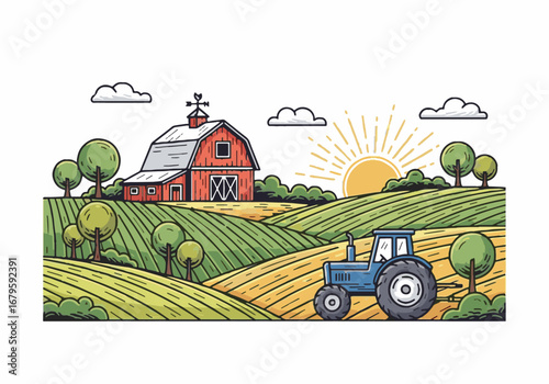 World Food Day Farm Landscape: Hand-drawn rural scene with barn, tractor, fields, and sun. Sustainable agriculture illustration.