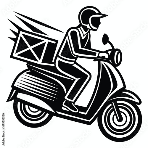 Delivery person in helmet riding a scooter with a package on the back in a dynamic black and white illustration