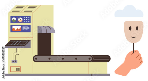 Complex machine with panels and conveyor belt creates a cheerful face mask. Hand holds finished product, cloud symbolizes imagination. Ideal for creativity, innovation, AI, manufacturing, design