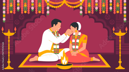 Joyful indian wedding couple performing a traditional ceremony, a beautiful vector illustration capturing the essence of cultural rituals and everlasting love