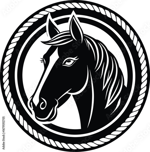 Vector art of stylized black horse head emblem within a decorative rope circle, representing strength, heritage, and the spirit of the wild west