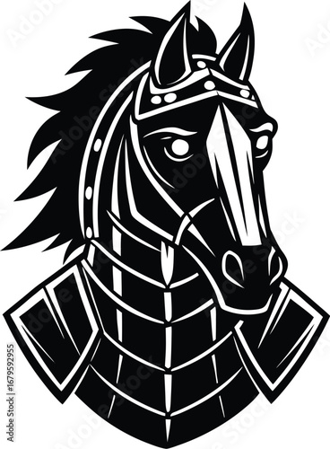 Vector art of black and white illustration of a knights horse head with armor