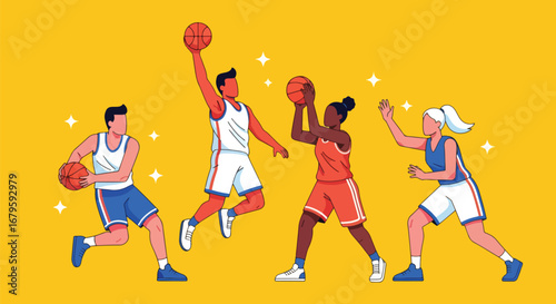 Set of basketball players in action dribbling, passing, and shooting, representing teamwork, competition, athletic skill, and dynamic performance in sports