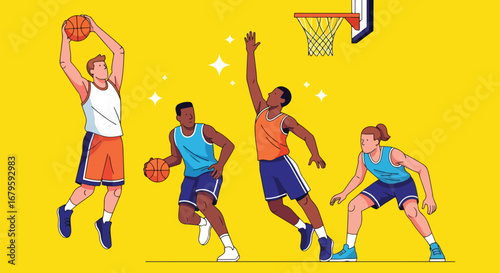 Set of basketball players in action dribbling, passing, and shooting, representing teamwork, competition, athletic skill, and dynamic performance in sports