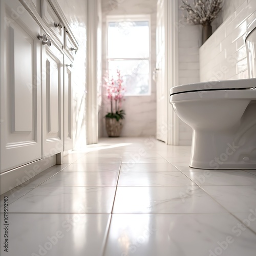 Photo of a modern white bathroom photo taken from low angle with toilet visible in the distance out of focus